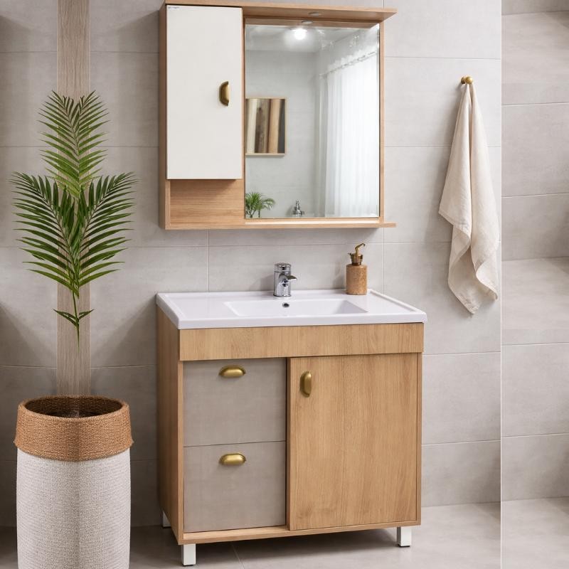 Conjunto Carvalho Latino/Cinza Calcário Cuba Reta 80x38cm