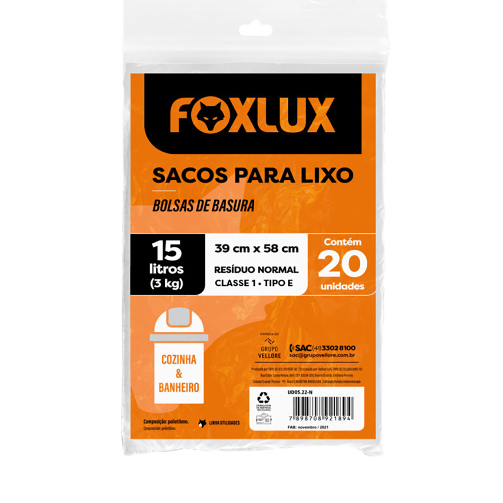 Saco de Lixo 15l 39x58cm 20 Unidades Foxlux