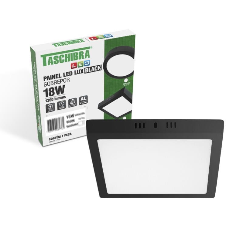 Painel Led Sobrepor Quadrado Preto 18w 22x22cm